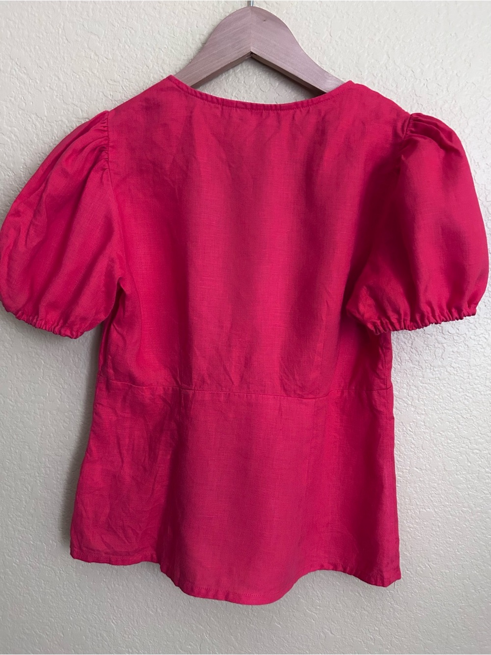 Boden Red V-Neck Linen Puff Sleeve Top - Picture 3 of 9